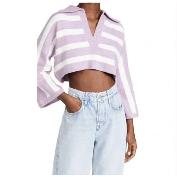 For Love and Lemons Maud Boxy Crop Stripe Sweater in Purple and White - M - Picture 1 of 6